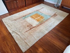 Danish Abstract Rya Rug Vintage Hand Knotted Wool Rug 8.5 x 6 ft Ege Blue Yellow