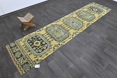 Vintage Turkish Runner Rug 2x10ft Wool Anatolian Handmade Hallway Oushak YELLOW