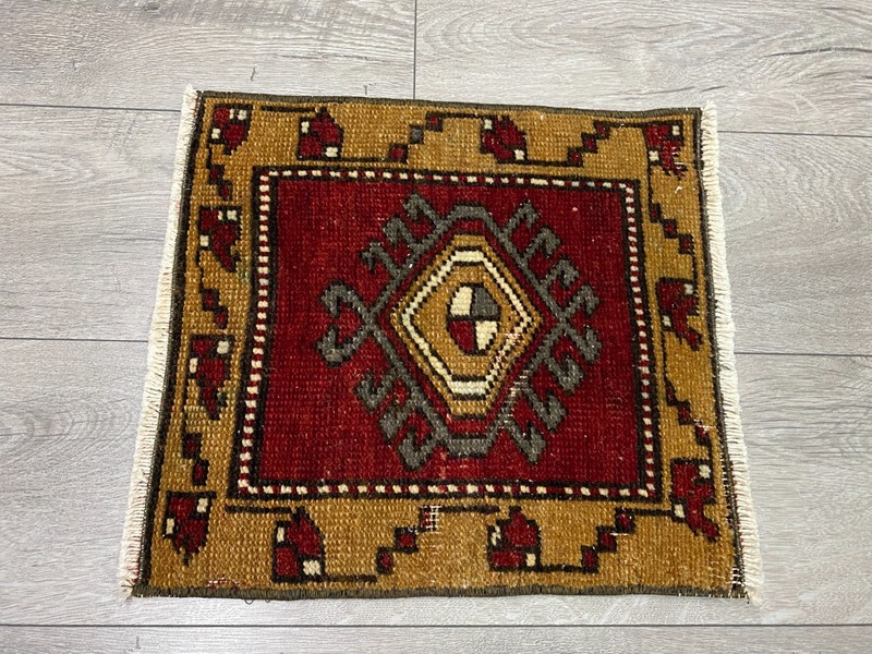 Small Handwoven Red Gold Rug 1.2x1.3 ft Oushak Square Wool Carpet gallery