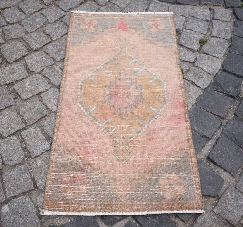 Turkish Rug 19'' x 36'' Vintage Anatolian Hand Knotted Oushak Rug Muted Dye Rug gallery