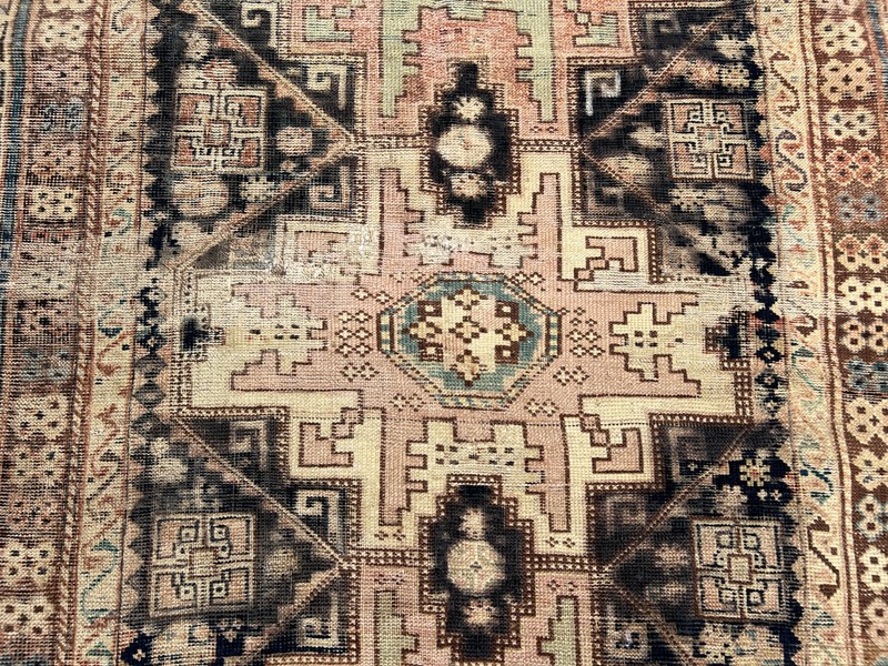 Cream Black Distressed Low Pile Rug 4x9 ft Hand Knotted Turkish Vintage Carpet gallery