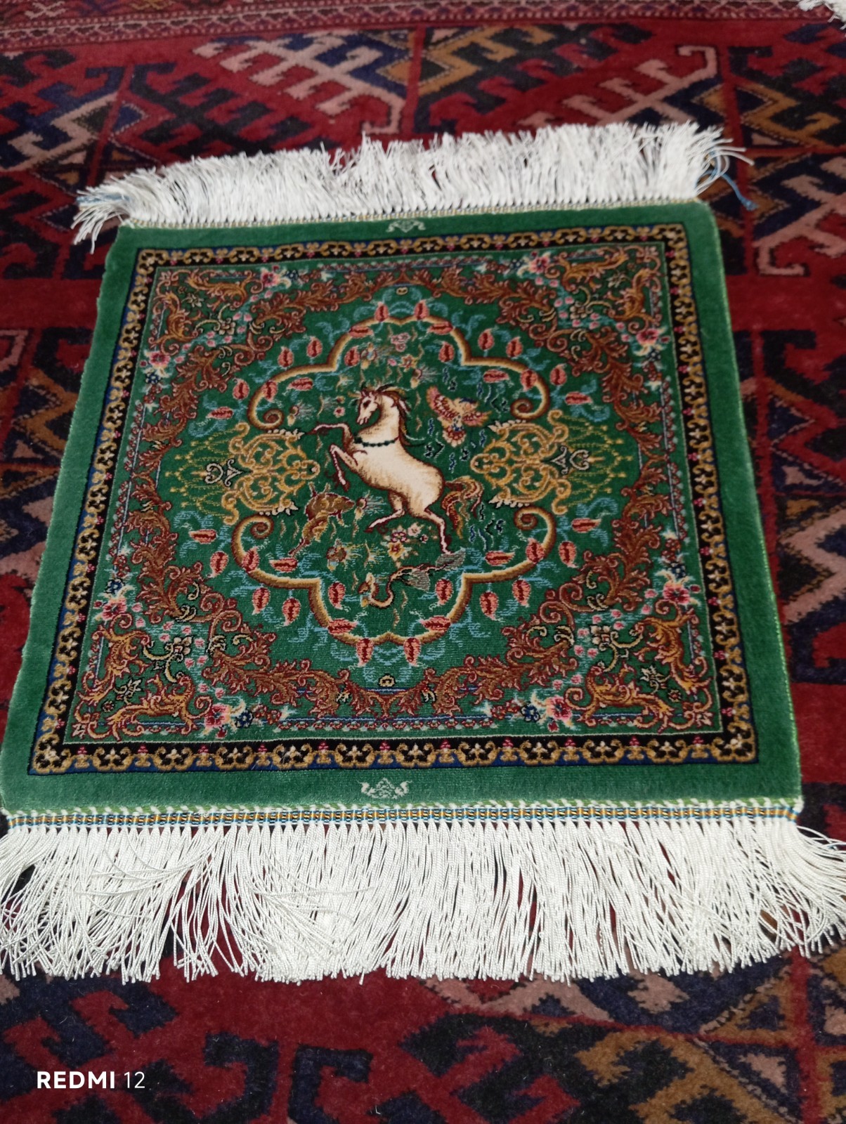 Sherazi Silk Machine Made Rug 1.3x1.3ft Persian Horse Pictorial Emerald Green Ma gallery