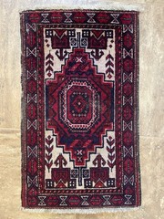 Fine Oriental Rug 3×5 ft Ruby Red and Black Geometric Medallion Handmade Vintage