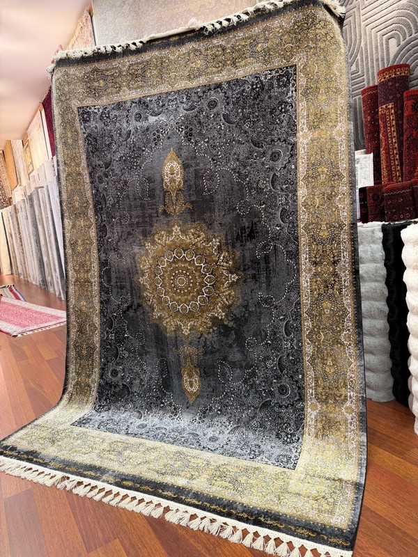 8x11 Ft Turkish Silk Rug Gray Gold Medallion Oriental Luxury Area Carpet New gallery