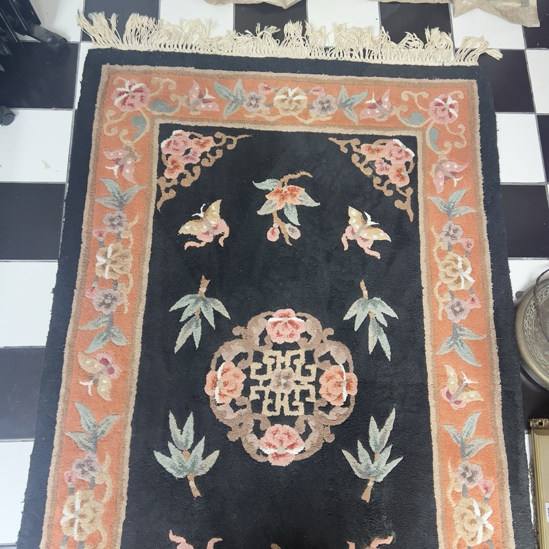 Vintage Art Deco Reproduction Chinese Wool Rug Floral Butterflies Black gallery