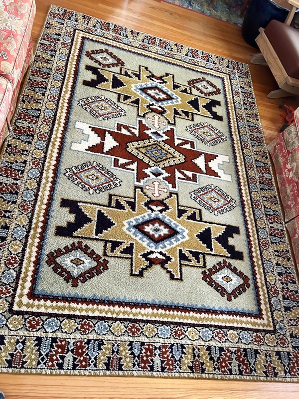 Mid Century Modern Wool Rug Caucasus Kazak Design Made in Spain 6' x 9' gallery