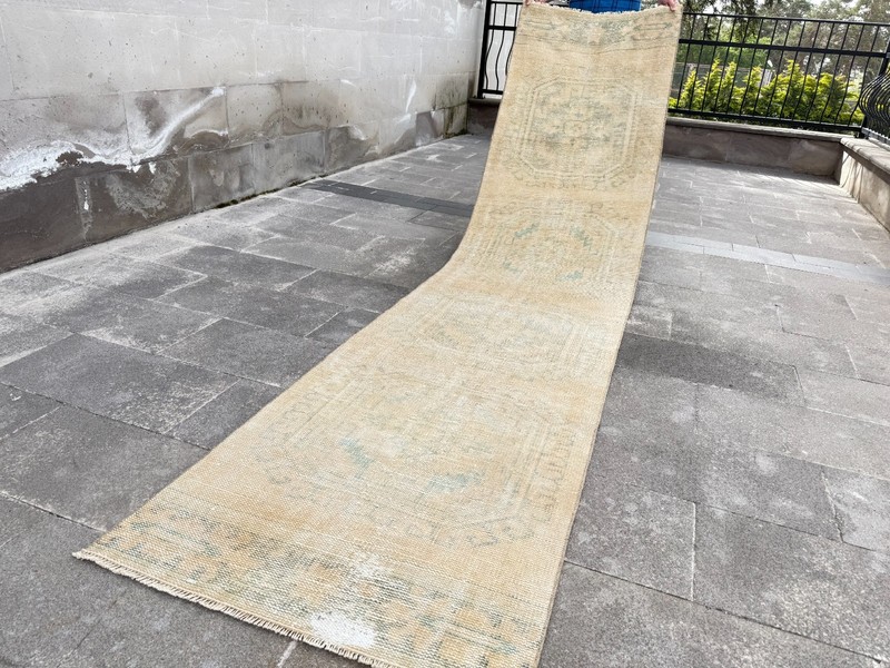Vintage 3x11 Turkish Runner | Muted Gold & Honey Oushak | Hand-Knotted Rug gallery