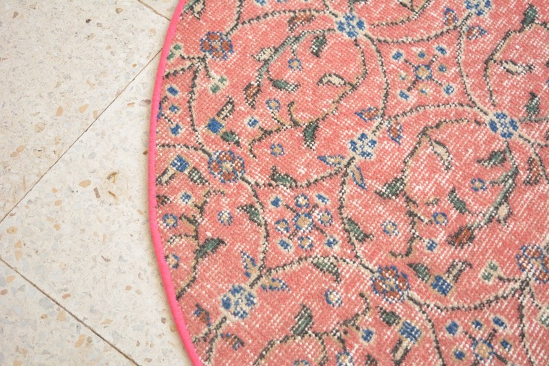 Red Handmade Round Rug, 3.4x3.4ft, Turkish Red Floral Boho Rug, Hall Door Mat, gallery
