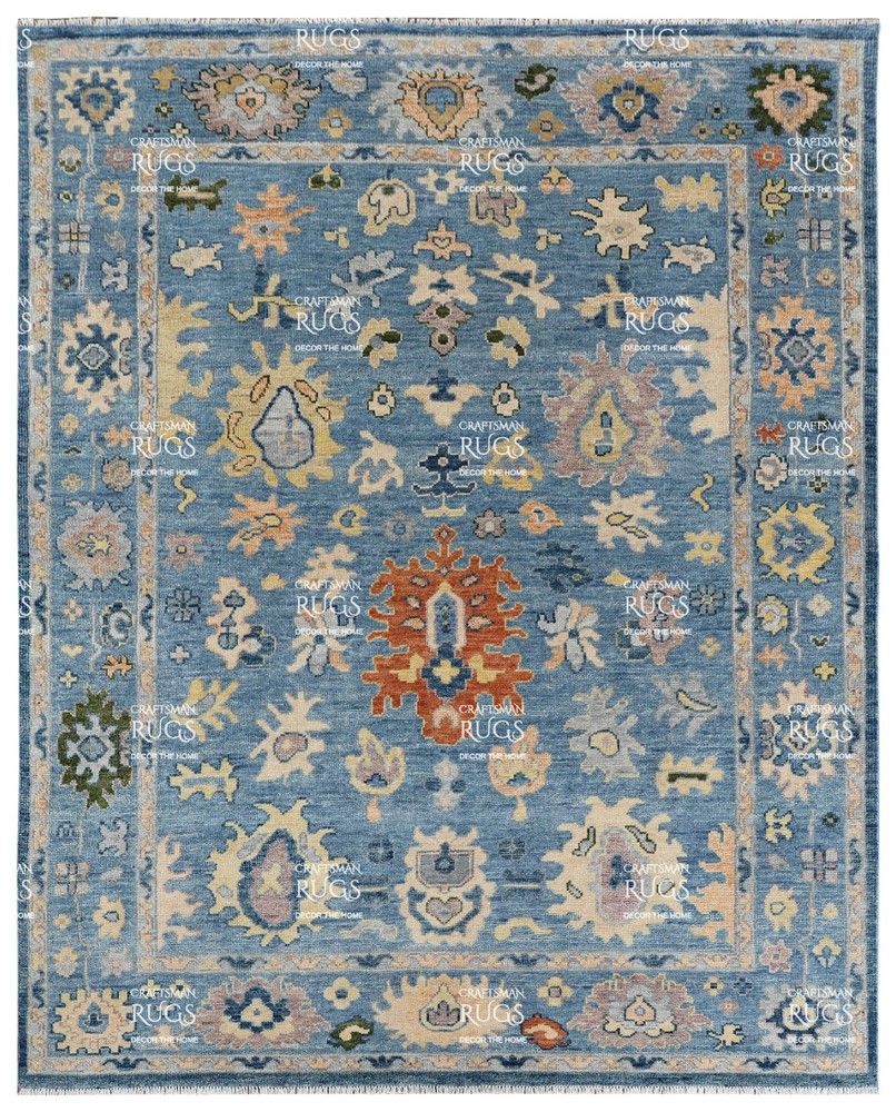 Handknotted Sky Blue Multi Floral Geometric Rug 8x10 ft