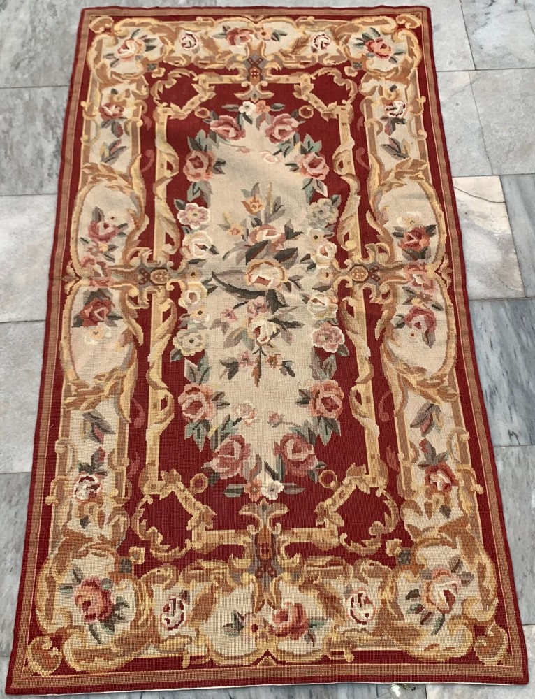 Vintage Handmade Aubusson Rug French Style Chain Stitch Needlepoint Rug 3x5 ft