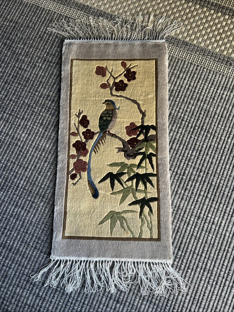 Excellent Condition Vintage Chinese Silk Woven Rug With Bird &Flowers 25x12