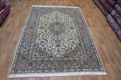 Fine Keshan Rug 218x145cm Hand Knotted Kurk Wool Signed Ivory Floral Medallion