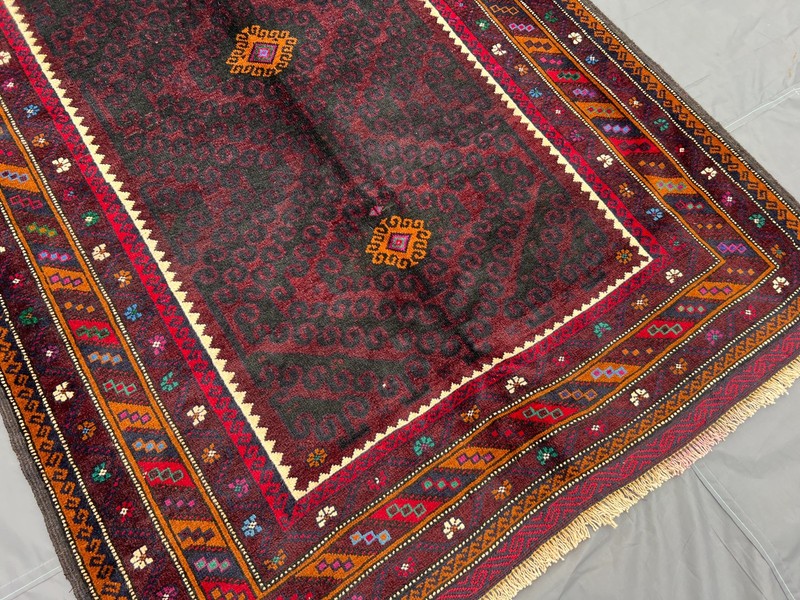 4'3x7'7 ft Vintage Afghan Hand-Knotted Red Geometric & Floral Tribal Design Rug gallery