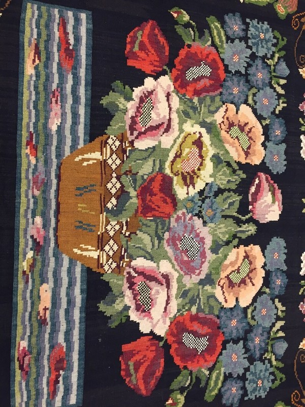 Vintage Turkish Floral Kilim Rug 9x11ft Handmade Flatweave Black Background Wool gallery