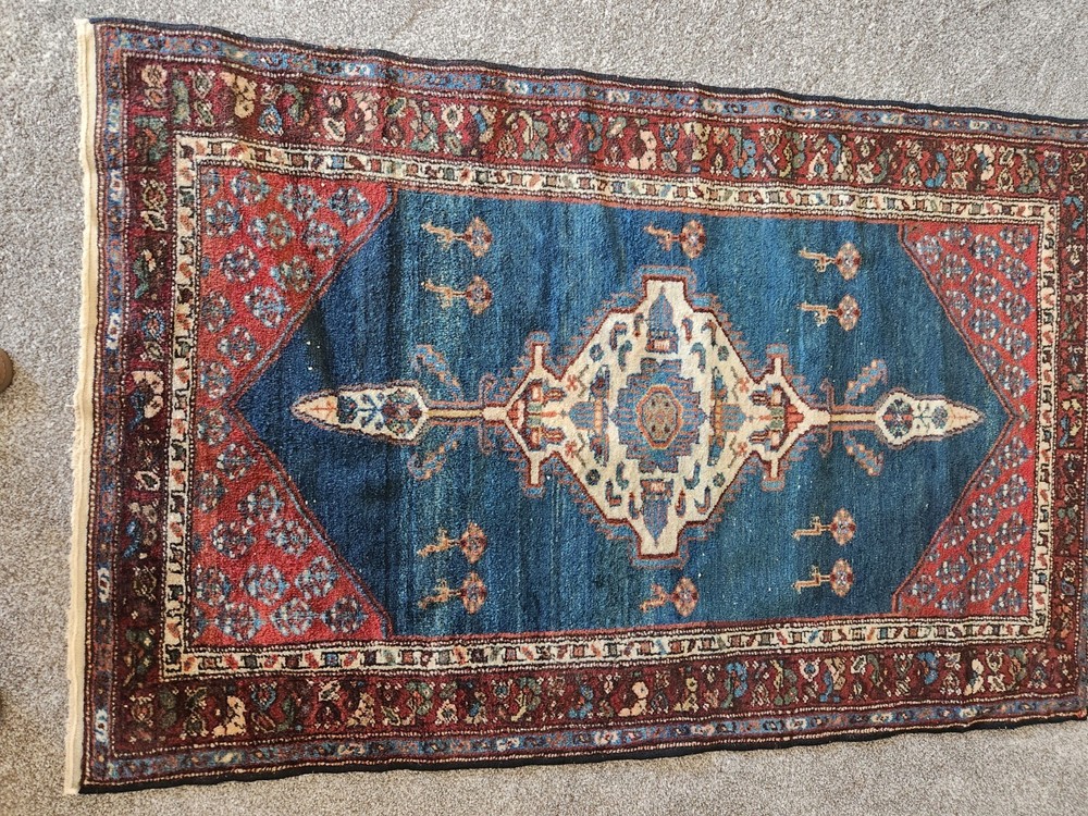 1930s Malayer Rug, 4' X 5'', Blue Field with White Medallion