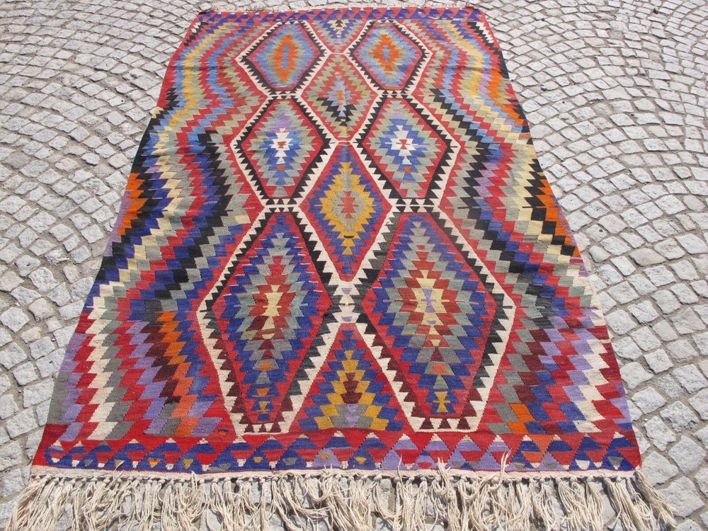 Turkish Kilim 65x105 Handwoven Diamond Kilim Rug 166x268cm Vintage Natural Wool