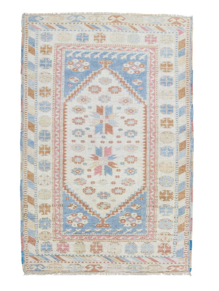 Turkish Oushak Rug, 3 x 4.7 ft, Blush Cream Blue, Romantic Pastel Vintage Decor