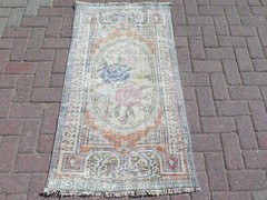 Orange Vintage Turkish Distressed Carpet, Floral Handmade Wool Tapis Rug 30″x52″