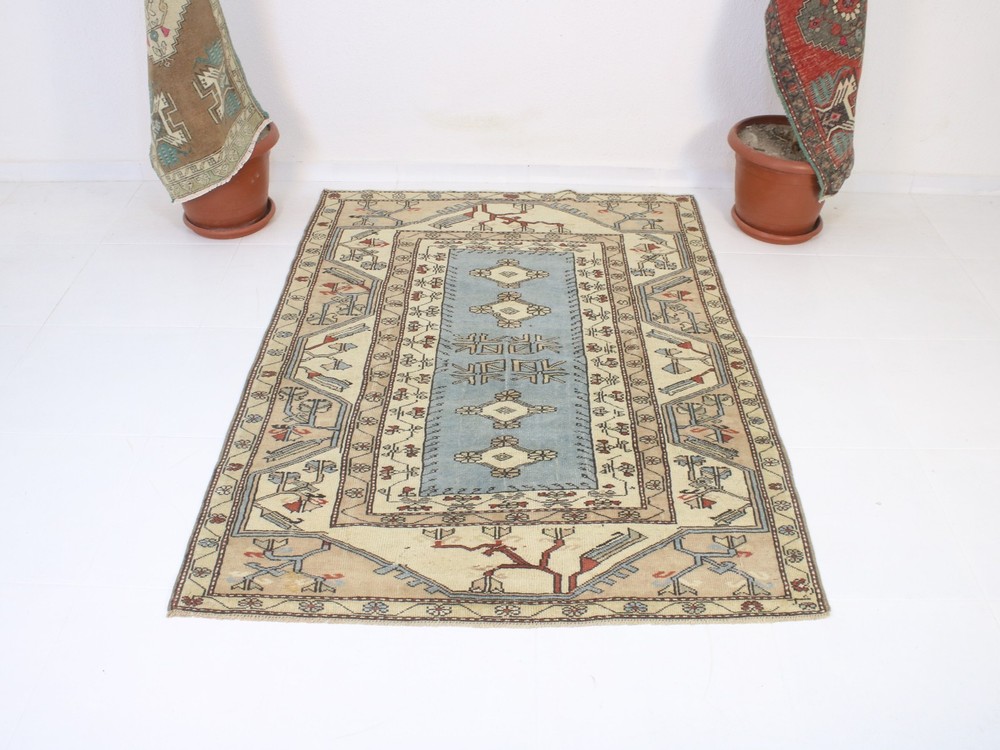 Vintage Turkish Wool Area Rug 4x6 ft | Handmade Wool Beige Blue Rug | 4x6 Ft