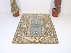Vintage Turkish Wool Area Rug 4×6 ft | Handmade Wool Beige Blue Rug | 4×6 Ft