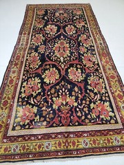 Antique Oriental Hand-Knotted Wool Area Rug Navy Blue/Red/Ivory/Gold 4′ x 9′