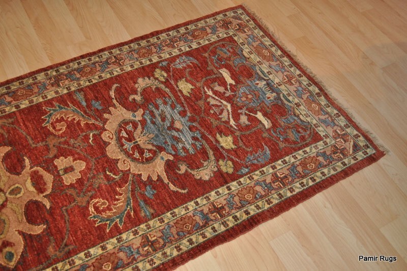 8 FT. NATURAL DYE FLORAL design rust, cream & Blue. HANDMADE chobi rug. gallery