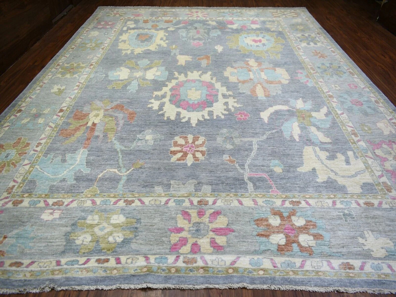 12'x15'4" Cadet Gray, Hand Knitted Angora Oushak with Colorful Motifs, Wool Rug gallery