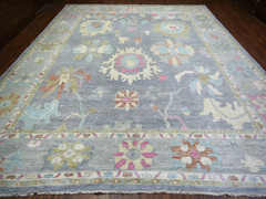 12’x15’4″ Cadet Gray, Hand Knitted Angora Oushak with Colorful Motifs, Wool Rug