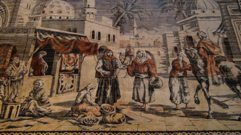 ANTIQUE ISLAMIC SILK RUG STREET MARKET SCENE 49" X 77" gallery