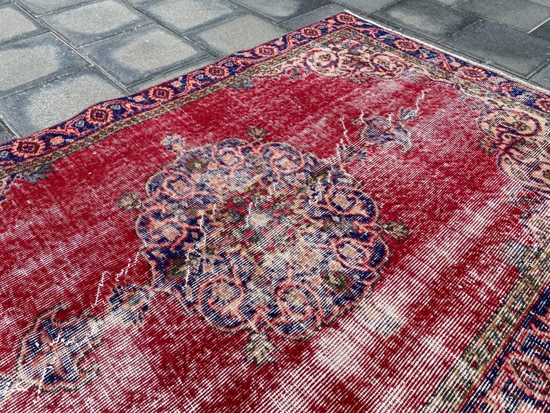 Vintage Turkish Area Rug 3.7 x 5.8 ft Hand Knotted Wool Red Distressed Carpet gallery