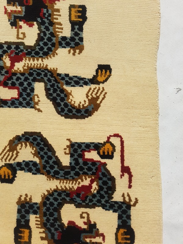 Vintage Handmade Chinese Tibetan Double Dragon Art Deco Wool Rug 89x63 cm gallery