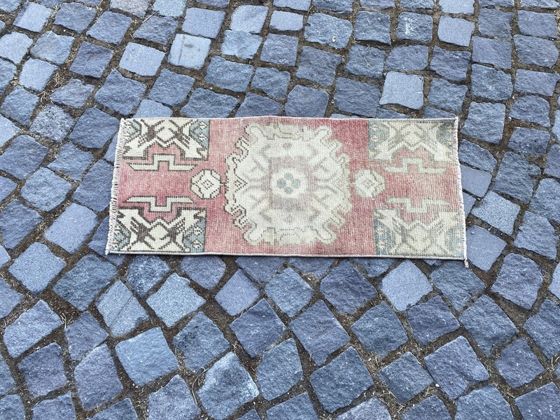 Vintage Turkish Rug, Hand-Knotted Wool, Dusty Rose Pink Small Doormat Mat Rug gallery