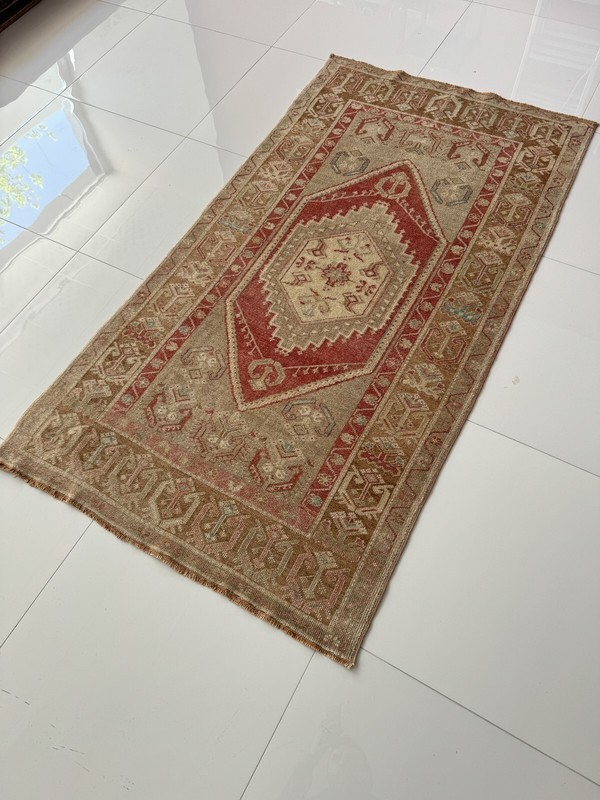 Vintage Hand Knotted Wool Oushak Rug, 3x6 Turkish Rug in Red Brown Beige Tones gallery