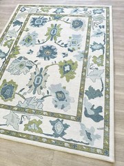 Green Oushak Rug, Modern, Vintage, Turkish, Eclectic, Floral, Pastel, Washabl…