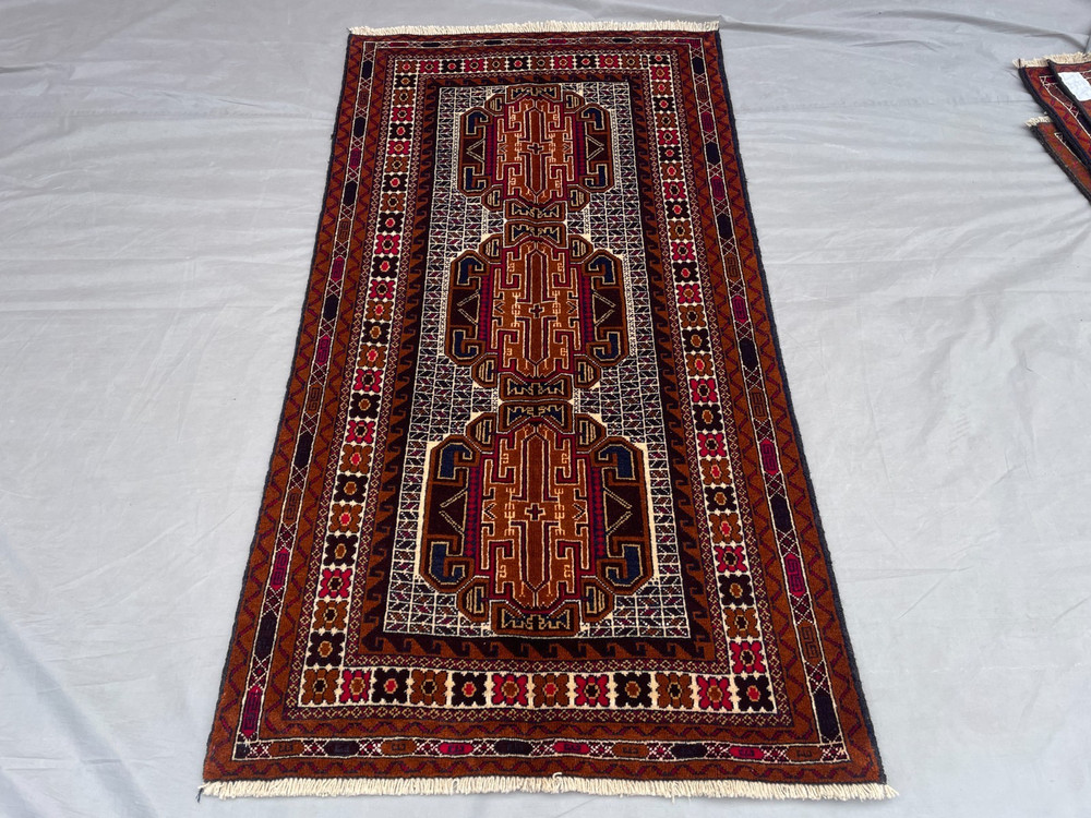 2'9x5'1 ft Vintage Afghan Baluchi HandKnotted Wool Brown Navy Medallion Area Rug