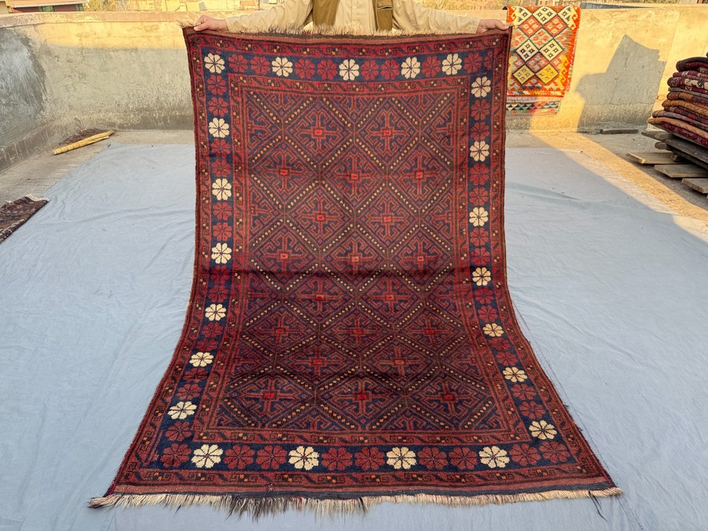 Red Blue Afghan Hand Knotted Wool Rug 4'10x7'4 Vintage Geometric Floral Area Rug