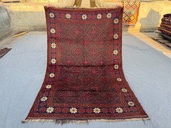 Red Blue Afghan Hand Knotted Wool Rug 4’10×7’4 Vintage Geometric Floral Area Rug