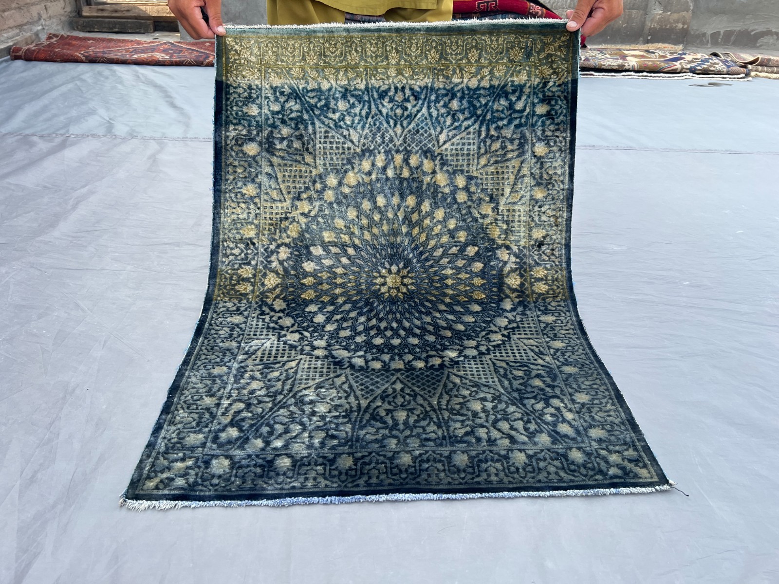 2 x 2'10 ft Vintage Hand Knotted Silk Rug Blue Beige Medallion Oriental Carpet gallery