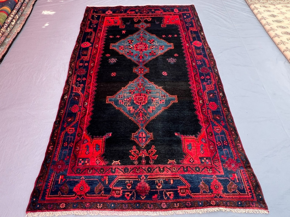 Vintage 4'9x8'5 ft Afghan Handwoven Wool Tribal Geometric Red Blue Area Rug