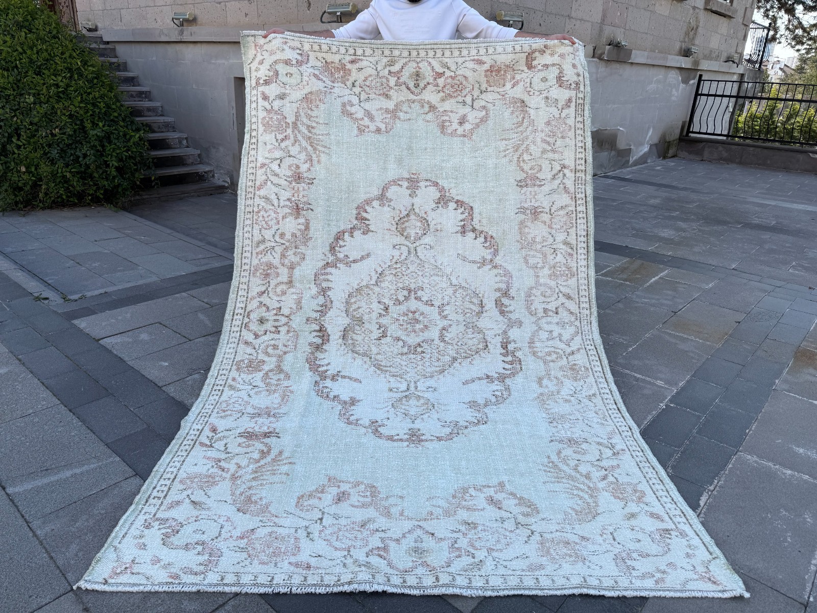 Vintage Turkish Oushak Rug 5.4x8.7 ft Muted Mint Pink Floral Wool Area Rug gallery