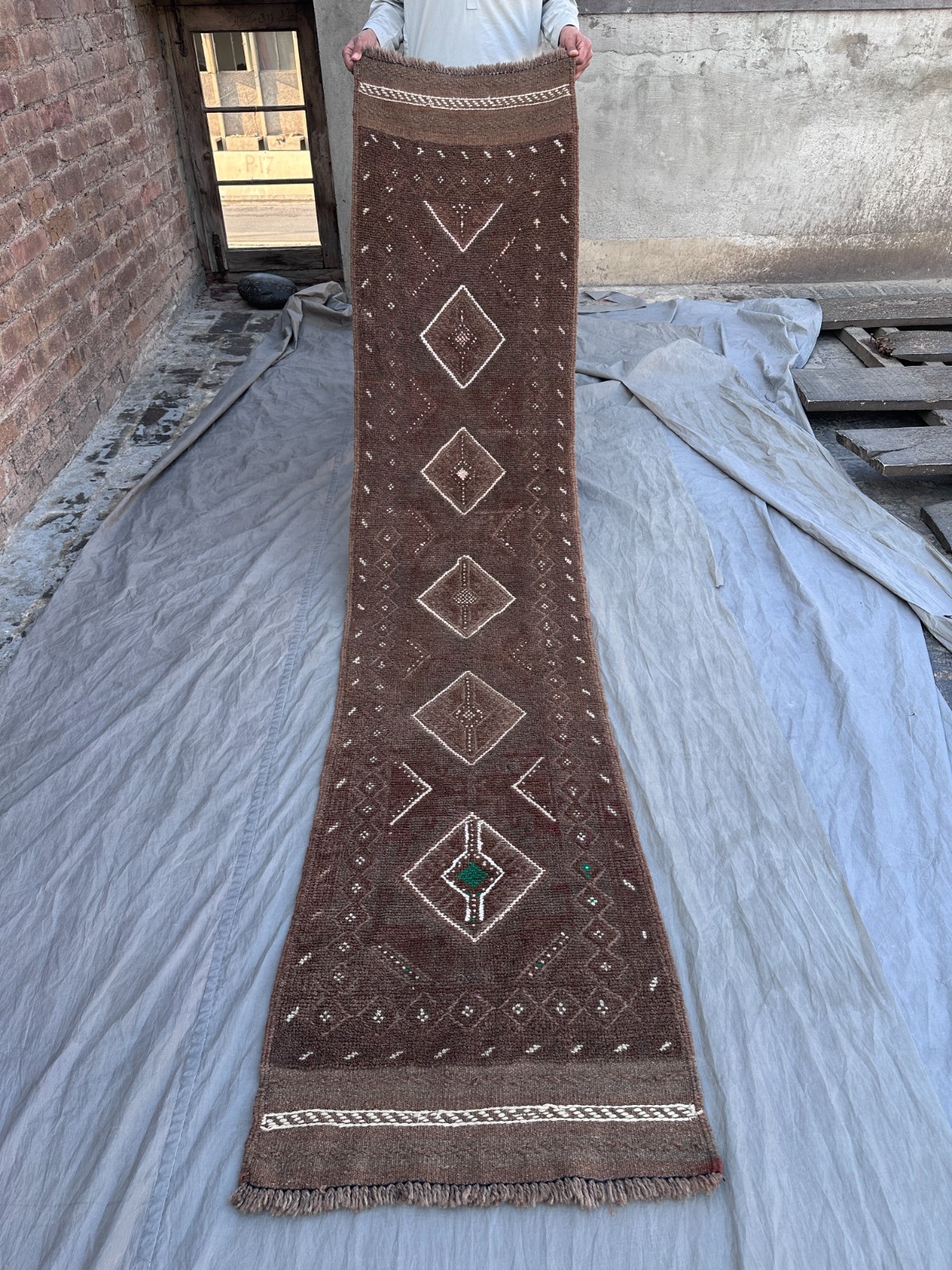 Brown Antique Afghan Handmade Tribal Runner Rug Wool Geometric Faded Kitchen Rug gallery