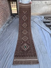 Brown Antique Afghan Handmade Tribal Runner Rug Wool Geometric Faded Kitchen Rug