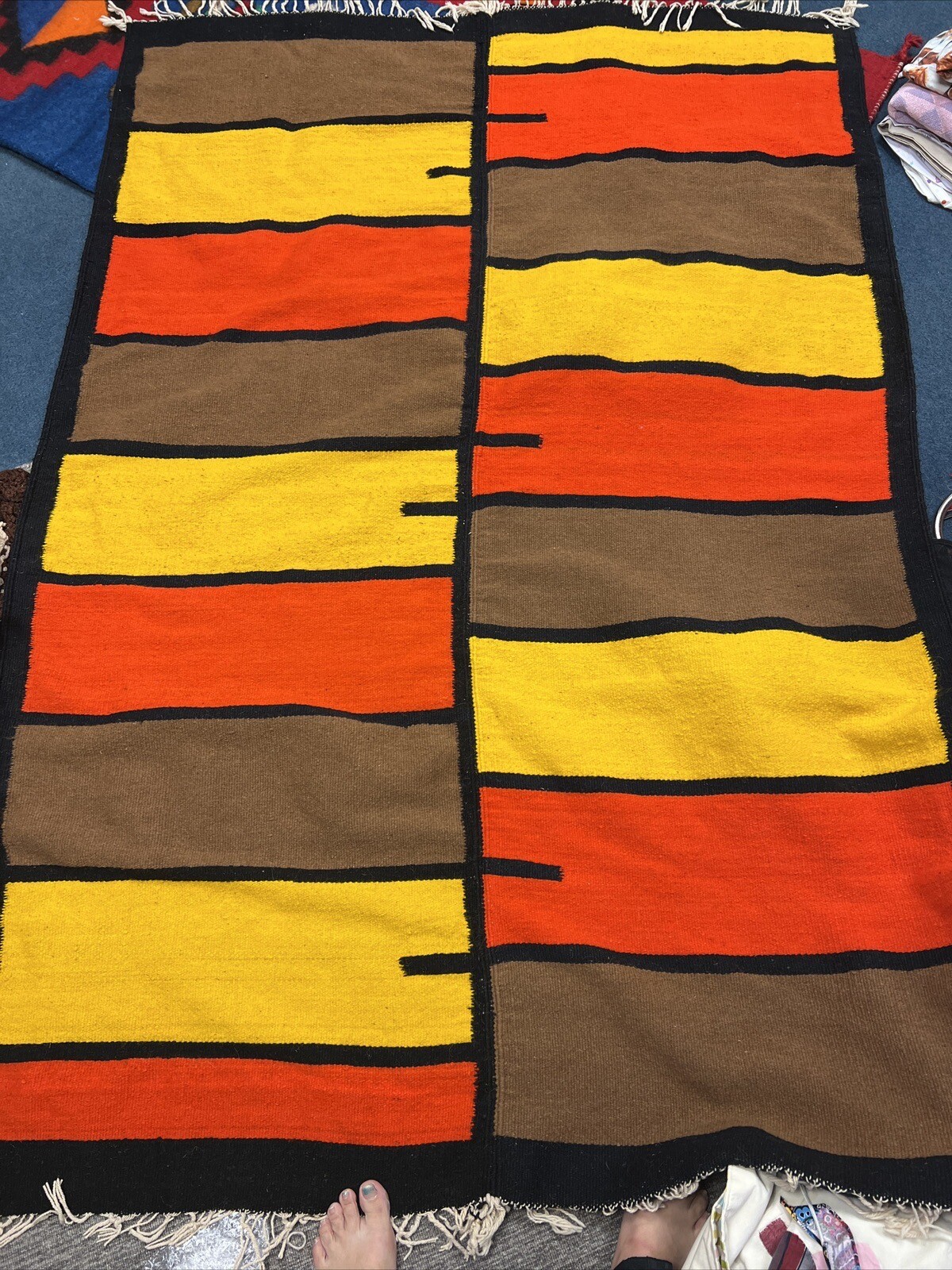 Vintage Abstract MCM Kilim Wool Rug Mid-Century 60’s Brown Orange Yellow 5x8 gallery