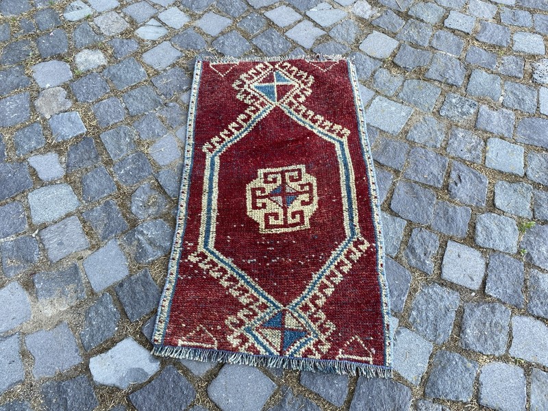 Vintage Turkish Rug, Hand-Knotted Wool, Ruby Red Ivory Muted Boho Accent Rug gallery