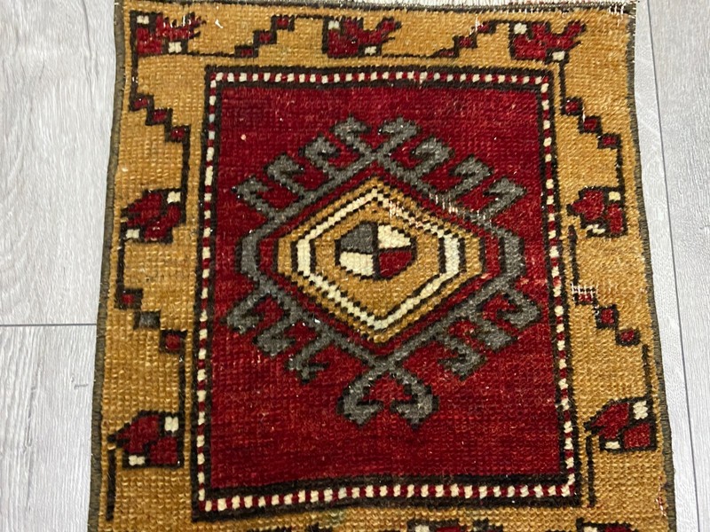 Small Handwoven Red Gold Rug 1.2x1.3 ft Oushak Square Wool Carpet gallery