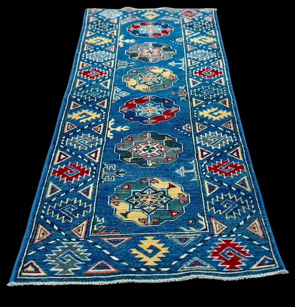Brand New Colorful Small Runner Handmade Ocean Blue Gold Geometric Pak Kazak 2x6