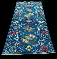 Brand New Colorful Small Runner Handmade Ocean Blue Gold Geometric Pak Kazak 2×6