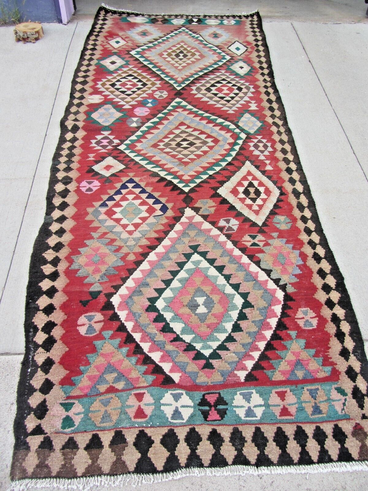 Large Turkish Flatweave Geometric Kilim Rug 4'5" x 12' Wool Cotton Semi-Antique gallery