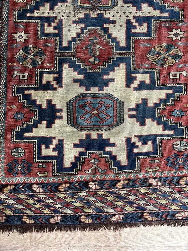 1840’s-1860’s Antique Caucasian Kuba Lesghi Star Rug 3x4 Ivory Blue Bronze Rose gallery