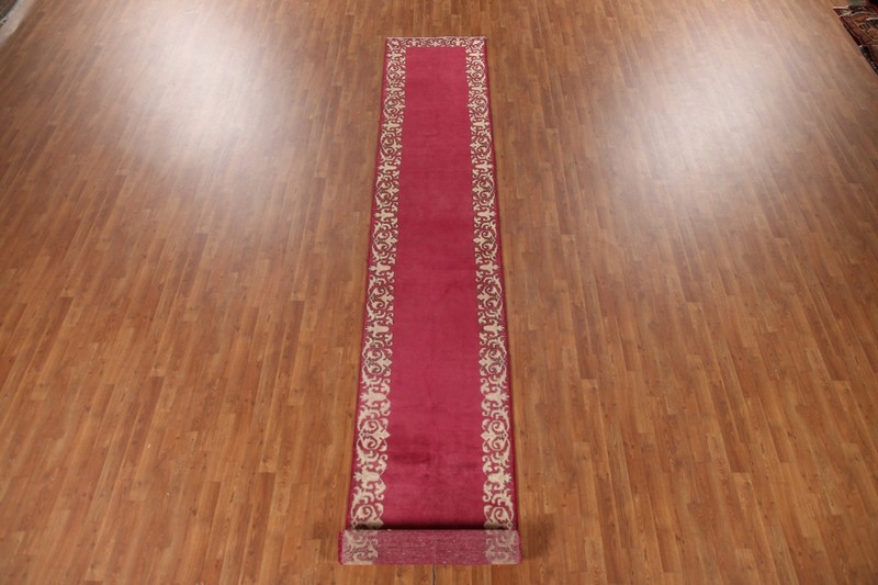 Vintage Bordered Fuchsia/ Ivory 16 ft. Runner Rug 3x16 Handmade Wool for Hallway gallery
